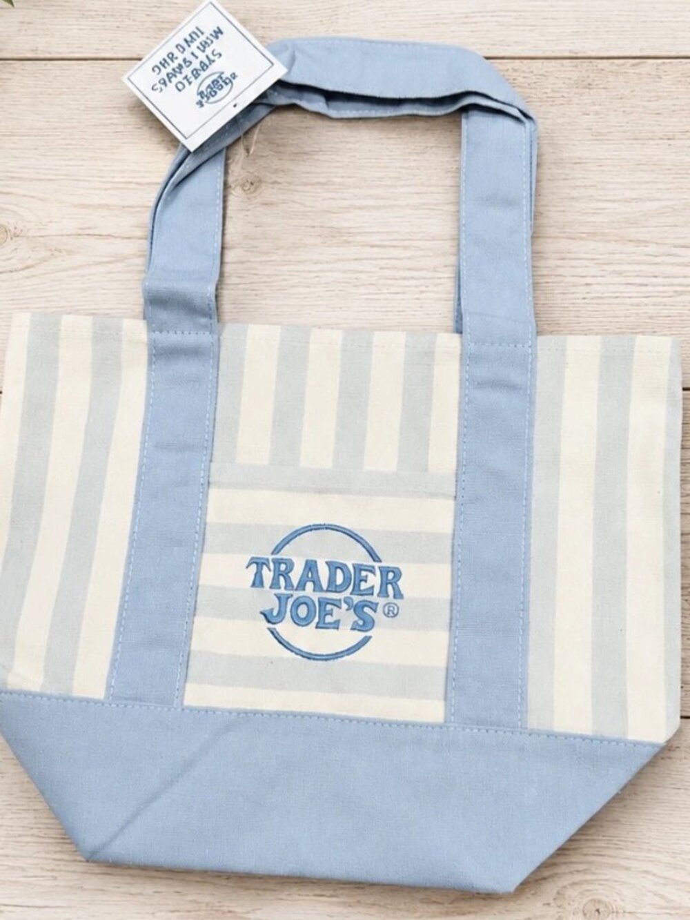 Trader Joe's Striped Mini Canvas Tote Bag Sky Blue NWT